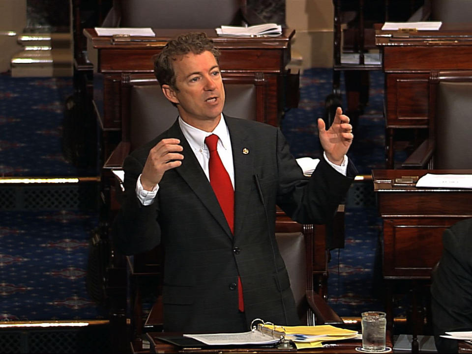 This video frame grab provided by Senate Television shows Sen. Rand Paul, R-Ky. speaking on the floor of the Senate on Capitol Hill in Washington, Wednesday, March 6, 2013. Senate Democrats pushed Wednesday for speedy confirmation of John Brennan's nomination to be CIA director but ran into a snag after a Paul began a lengthy speech over the legality of potential drone strikes on U.S. soil. But Paul stalled the chamber to start what he called a filibuster of Brennan's nomination. Paul's remarks were centered on what he said was the Obama administration's refusal to rule out the possibility of drone strikes inside the United States against American citizens. (AP Photo/Senate Television)