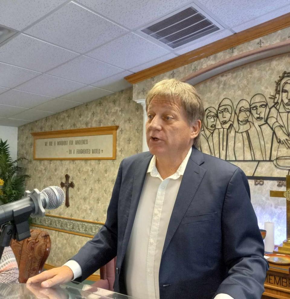 Jack Volpato, candidate for State House District 55, talks issues during a candidate forum on April 25, 2024 sponsored by the Eddy County NAACP Branch.