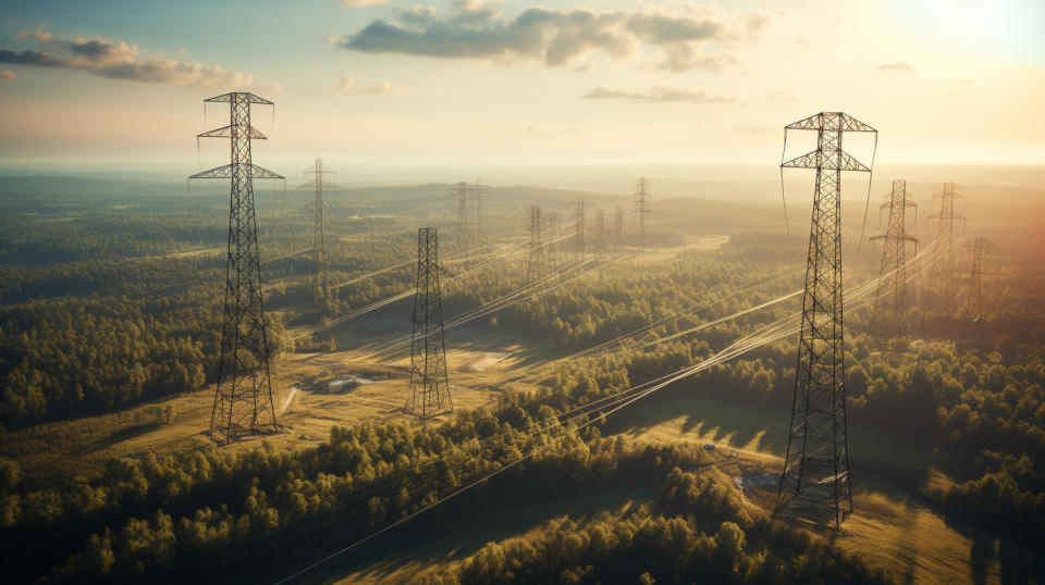 An aerial view of a utility service territory, with transmission lines and substations.