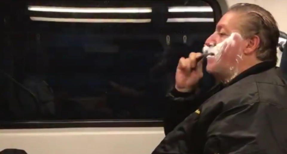 The truth behind the viral New Jersey video of Anthony Torres shaving his face on a train.