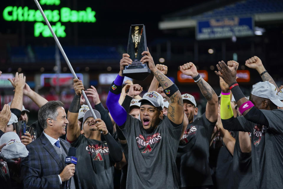 The Arizona Diamondbacks' second baseman Ketel Marte celebrates their win against the Philadelphia Phillies in Game 7 of the baseball NL Championship Series in Philadelphia Tuesday, Oct. 24, 2023. (AP Photo/Matt Slocum)