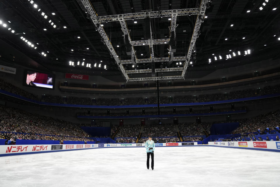 Yuzuru Hanyu of Japan prepares to perform during men's free skating competition of Japan Figure Skating Championships at Saitama Super Arena, in Saitama, north of Tokyo, Sunday, Dec. 26, 2021. (AP Photo/Eugene Hoshiko)