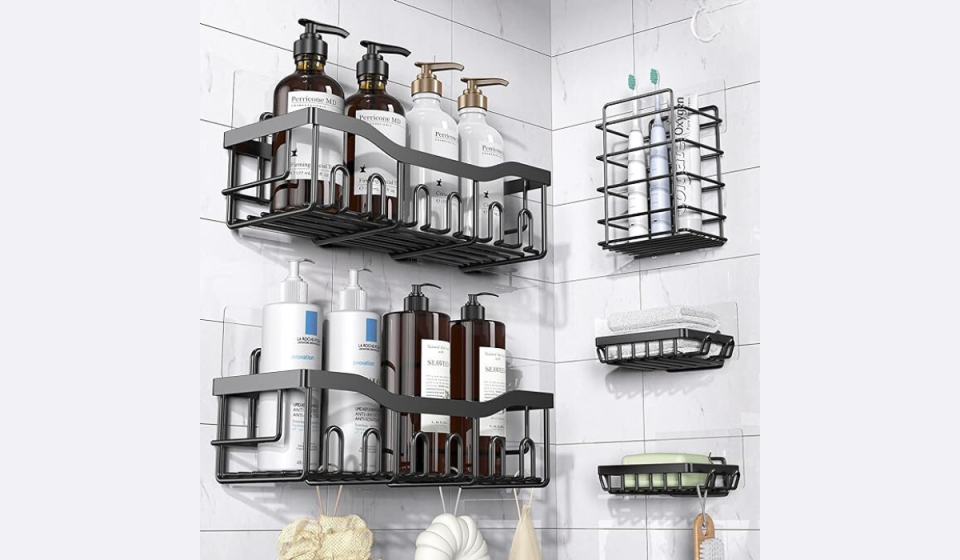 shower caddy set on tiled bathroom shower walls.