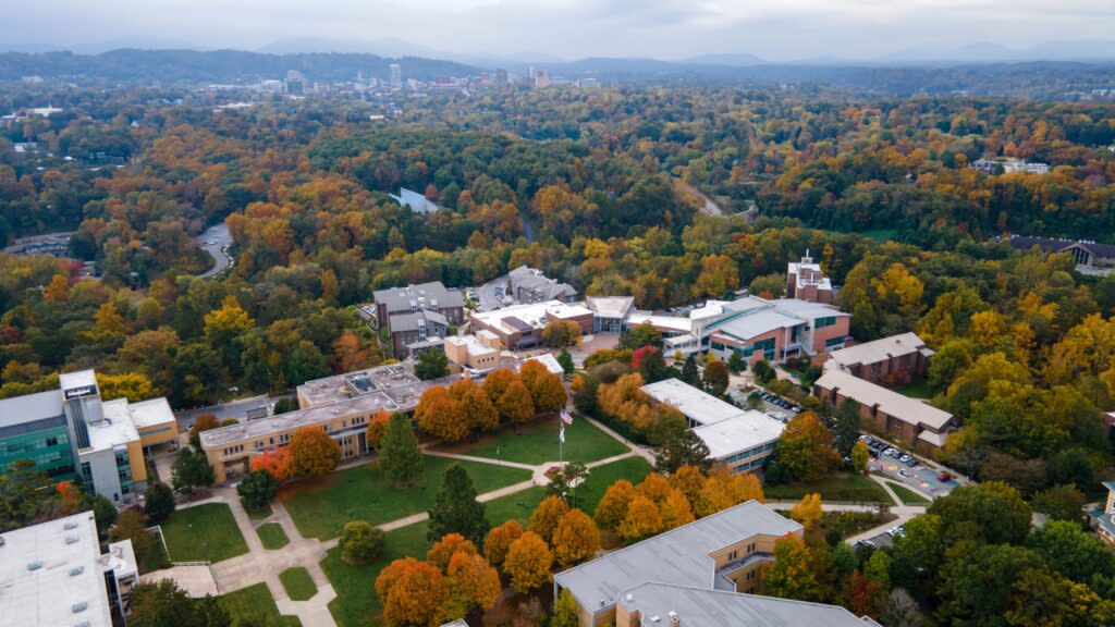 An aerial view of the campus of UNC-Asheville.
