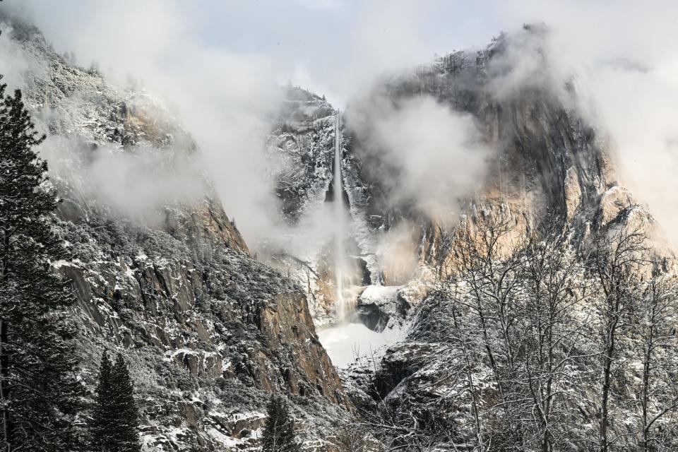 A view of Yosemite falls as snow blanked Yosemite National Park in California, United States on February 22, 2023.