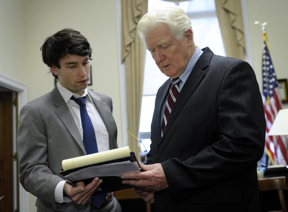 Rep. James Moran, D-Va., right, goes over his schedule with press secretary Thomas Scanlon in his office on Capitol Hill in Washington, Wednesday, Jan. 15, 2014. Moran, a Northern Virginia Democrat, ranking member on the House Appropriations Interior Subcommittee and senior member of the Defense Appropriations Subcommittee, announced that he will not seek re-election. (AP Photo/Susan Walsh)