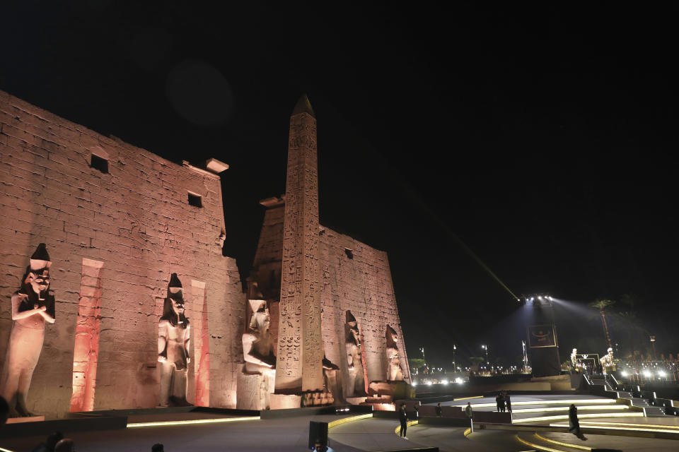 A view of the entrance of the Temple of Luxor ahead of the reopening ceremony of the Avenue of Sphinxes commonly known as El Kebbash Road on Thursday, Nov. 25, 2021 in Luxor, Egypt. The ceremony was meant to highlight the country’s archaeological treasures as Egypt struggles to revive its tourism industry, battered by years of political turmoil and more lately, the coronavirus pandemic. (AP Photo/Mohamed El-Shahed)