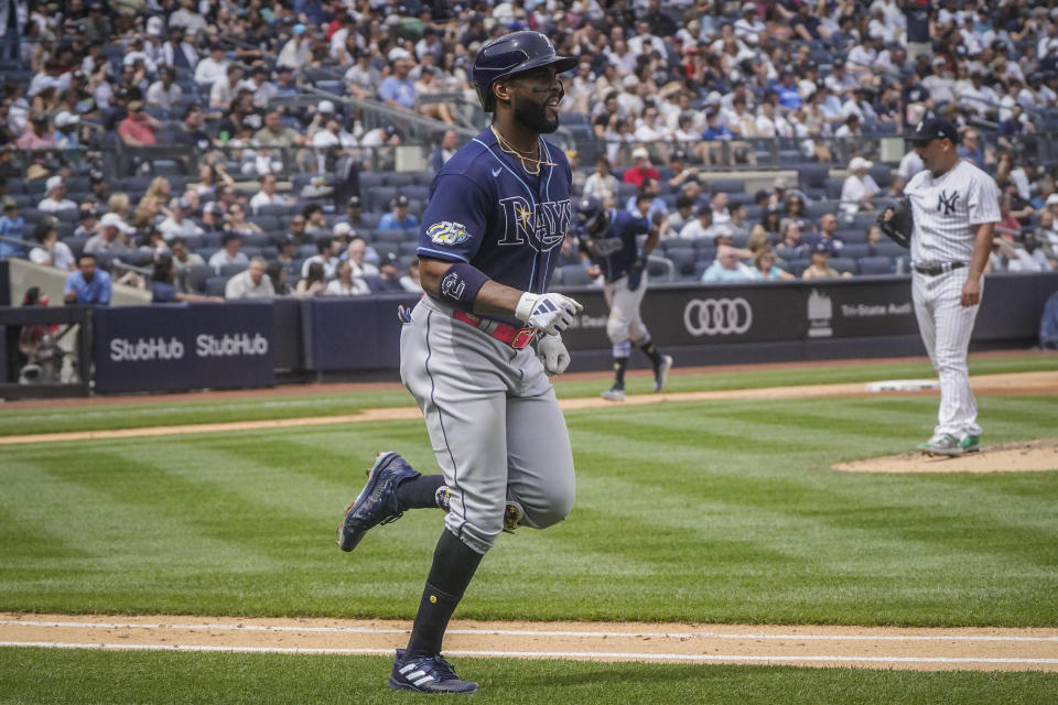 Tampa Bay Rays' Yandy Diaz runs the bases after hitting a grand slam in the fifth inning of a baseball game against New York Yankees, Saturday, May 13, 2023, in New York. (AP Photo/Bebeto Matthews)