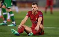 <p>Soccer Football – Champions League Semi Final Second Leg – AS Roma v Liverpool – Stadio Olimpico, Rome, Italy – May 2, 2018 Roma’s Edin Dzeko reacts after a challenge in the penalty area REUTERS/Alberto Lingria </p>