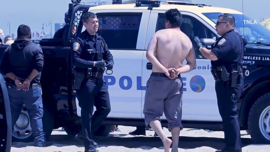 Five people were arrested after a large brawl left one person stabbed and another injured on the beach near the Santa Monica Pier on June 29, 2024. (TNLA)