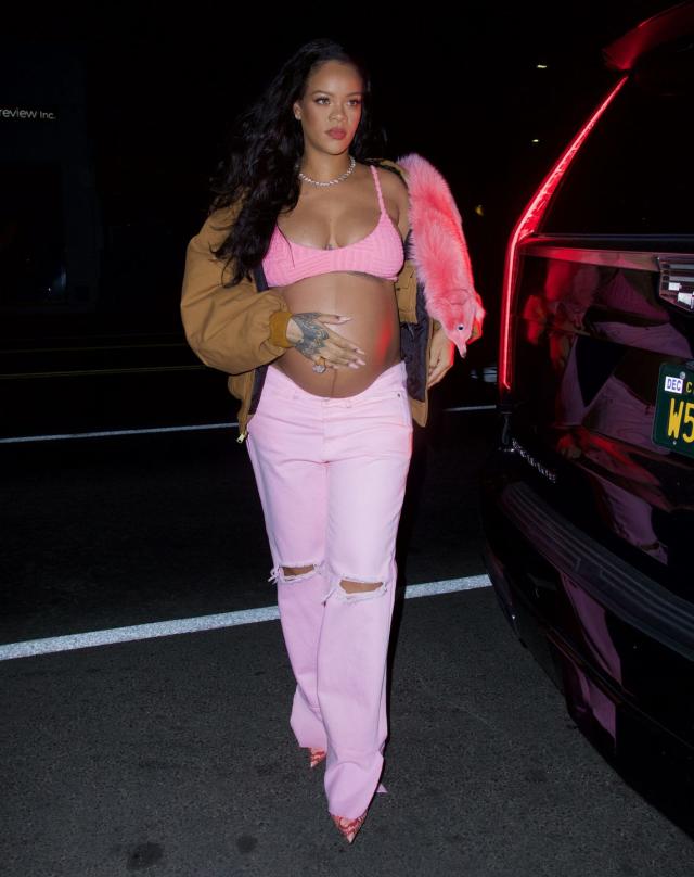 Rihanna Rocks Crop Top & Skirt & Shows Off Bare Baby Bump On Night