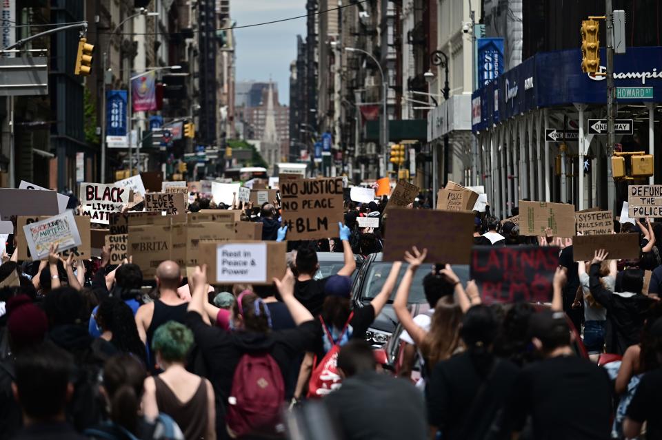 Protesters demonstrate on June 2, 2020, during a "Black Lives Matter" protest in New York City. - Anti-racism protests have put several US cities under curfew to suppress rioting, following the death of George Floyd while in police custody. (Photo by Johannes EISELE / AFP) (Photo by JOHANNES EISELE/AFP via Getty Images)