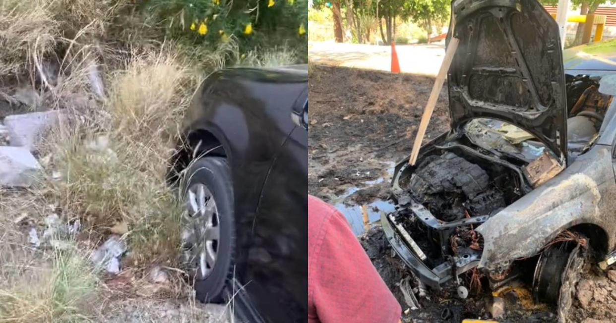 Dejó su auto estacionado sobre hierba seca y lo consumieron las llamas. Foto: Captura de video TikTok vía @salvadorbuenohernandez