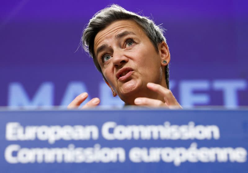 FILE PHOTO: European Commissioners Vestager and Breton hold a news conference in Brussels