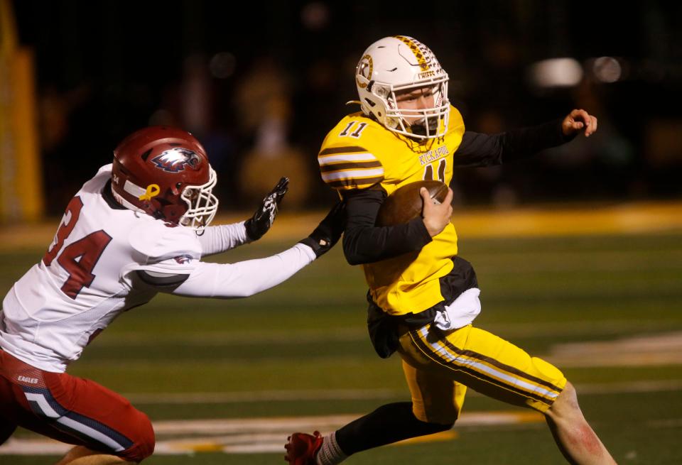 Kickapoo quarterback Chase Hamme carries the ball during a Class 6 District 5 semifinal matchup against the Joplin Eagles at Kickapoo on Friday, Nov. 3, 2023.