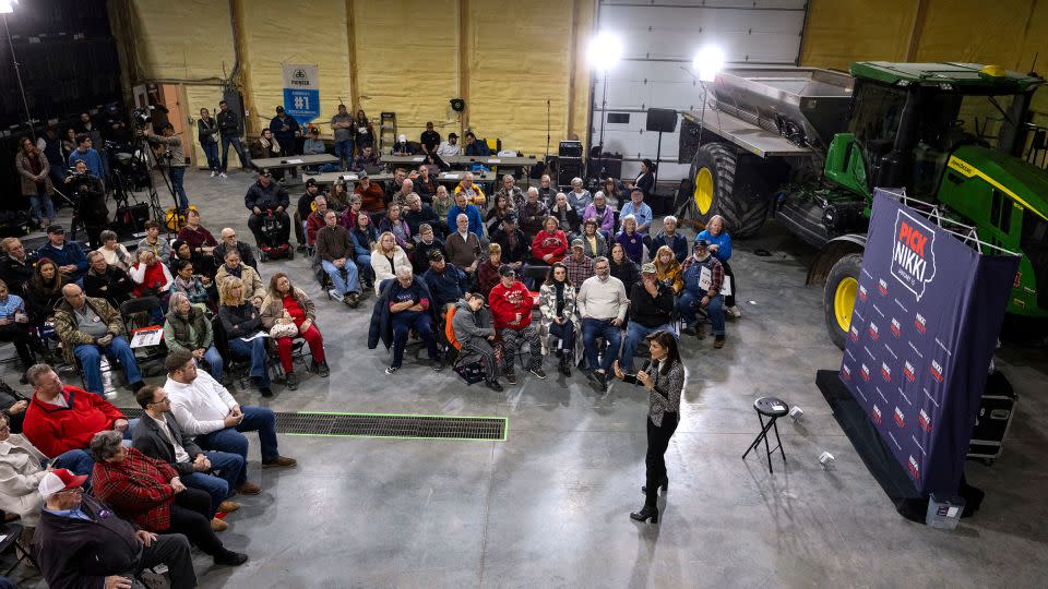 Haley arrives for her town hall in Agency, Iowa, on December 19, 2023. - Christian Monterrosa/AFP/Getty Images