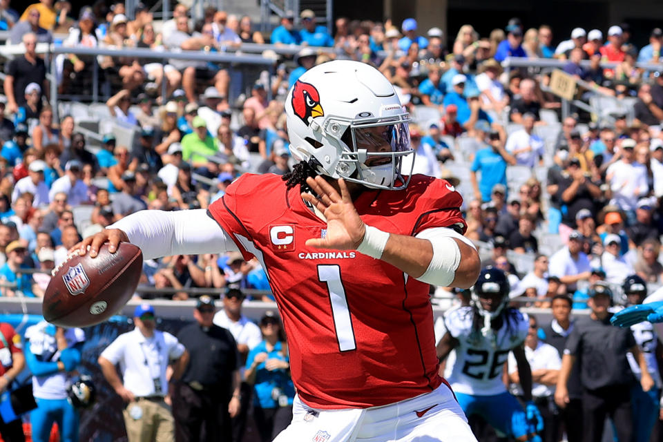 JACKSONVILLE, FLORIDA - SEPTEMBER 26: Kyler Murray #1 of the Arizona Cardinals attempts a pass during the game against the Jacksonville Jaguars at TIAA Bank Field on September 26, 2021 in Jacksonville, Florida. (Photo by Sam Greenwood/Getty Images)