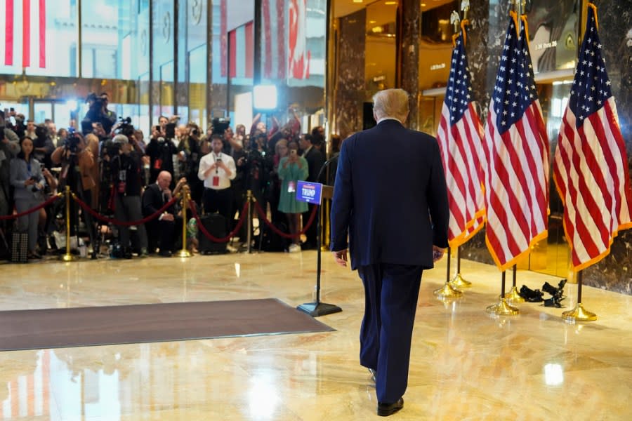 Former President Donald Trump arrives to speak at a news conference at Trump Tower, Friday, May 31, 2024, in New York. A day after a New York jury found Donald Trump guilty of 34 felony charges, the presumptive Republican presidential nominee addressed the conviction and likely attempt to cast his campaign in a new light. (AP Photo/Julia Nikhinson)