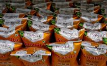 Packets of soya snacks are on display for sale inside a Patanjali store in Ahmedabad