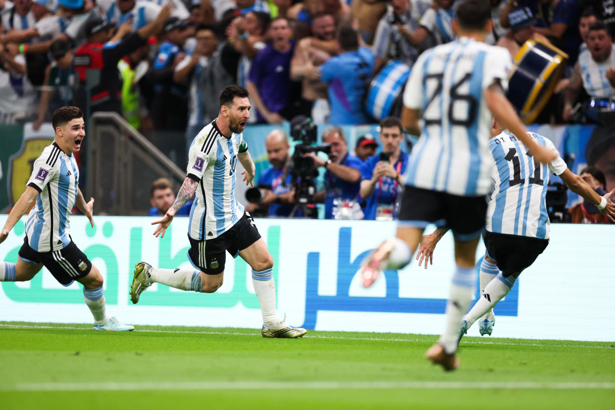 LUSAIL CITY, QATAR - NOVEMBER 26: Lionel Messi #10 of Argentina celebrates after scoring a goal during the FIFA World Cup Qatar 2022 Group C match between Argentina and Mexico at Lusail Stadium on November 26, 2022 in Lusail City, Qatar. (Photo by VCG/VCG via Getty Images)