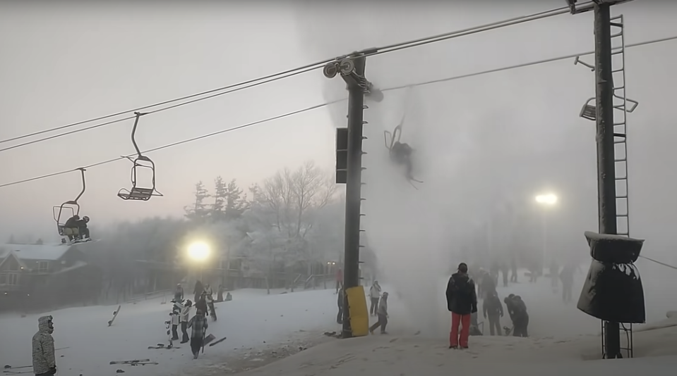 A snowmaking hydrant sprays customers at Beech Mountain Ski Resort in North Carolina (YouTube / Louis Dillard)