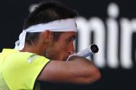 Tennis - Australian Open - Rod Laver Arena, Melbourne, Australia, January 17, 2018. Argentina's Leonardo Mayer reacts during his match against Spain's Rafael Nadal. REUTERS/Issei Kato