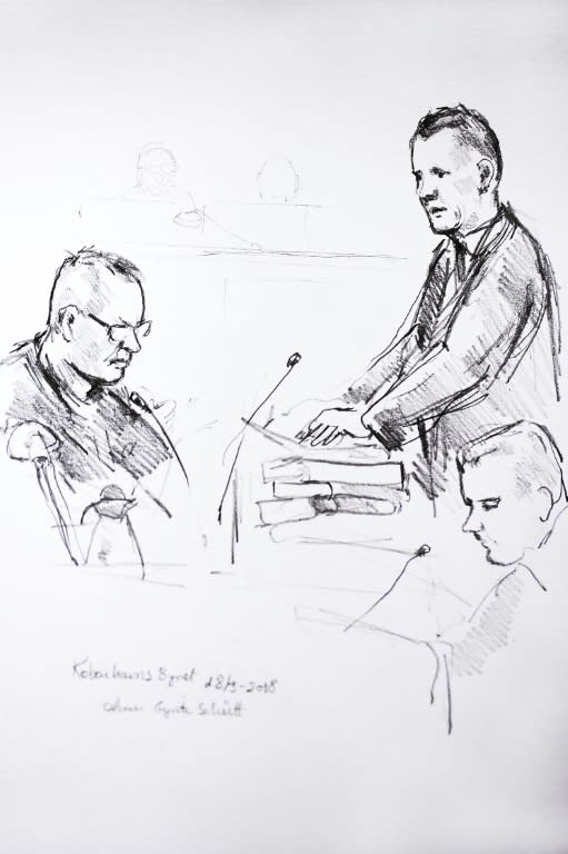 A court drawing shows accused Peter Madsen (L) and the prosecutor Jakob Buch-Jepsen (standing) on the first day of the trial on March 8