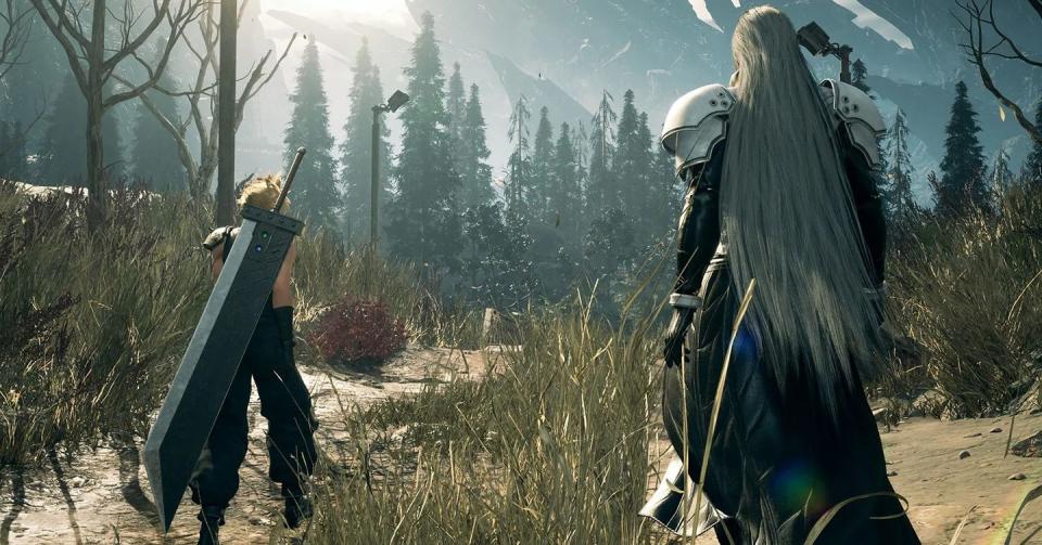 final fantasy vii rebirth, cloud and sephiroth walking through the mountains with their backs to the camera