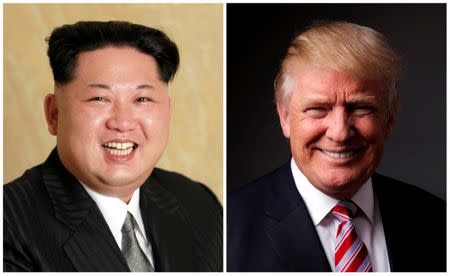 FILE PHOTO - A combination photo shows a Korean Central News Agency (KCNA) handout of Kim Jong Un released on May 10, 2016, and Donald Trump posing for a photo in New York City, U.S., May 17, 2016. REUTERS/KCNA handout via Reuters/File Photo & REUTERS/Lucas Jackson/File Photo
