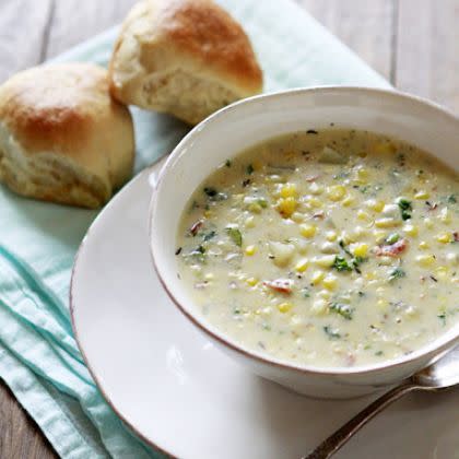 Potato and Corn Chowder with Bacon and Kale