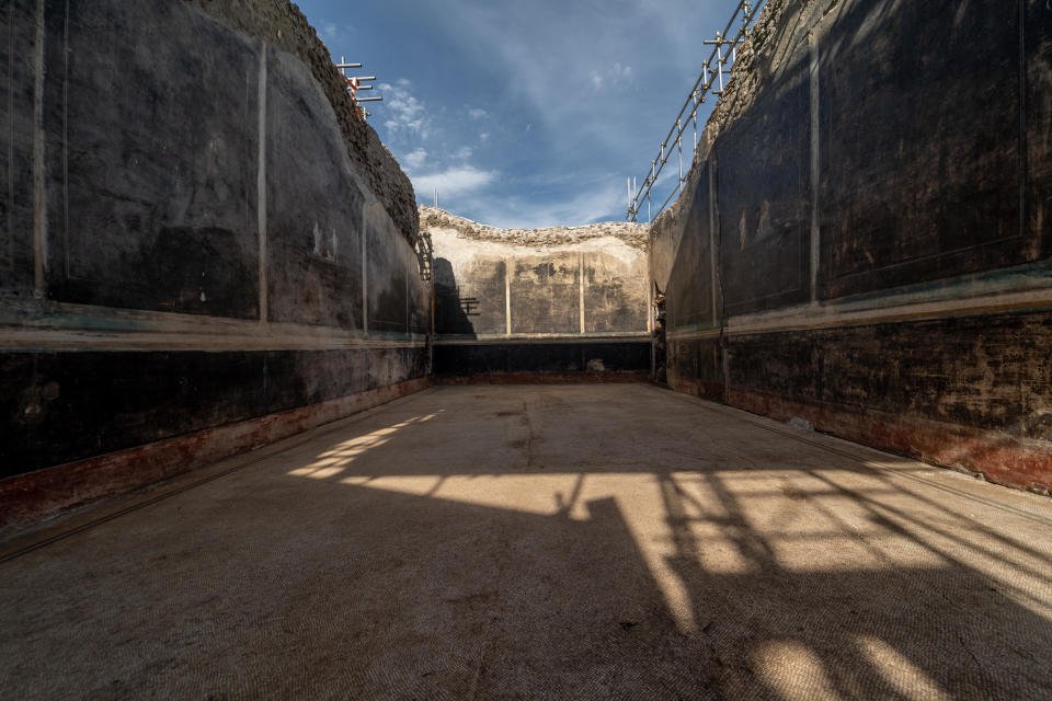 A banquet hall discovered in the ancient Italian city of Pompeii, which was buried by the volcanic eruption of Mount Vesuvius in AD 79, has been painted black walls adorned with elaborate frescoes depicting scenes from mythology.  / Credit: BBC/Tony Jolliffe