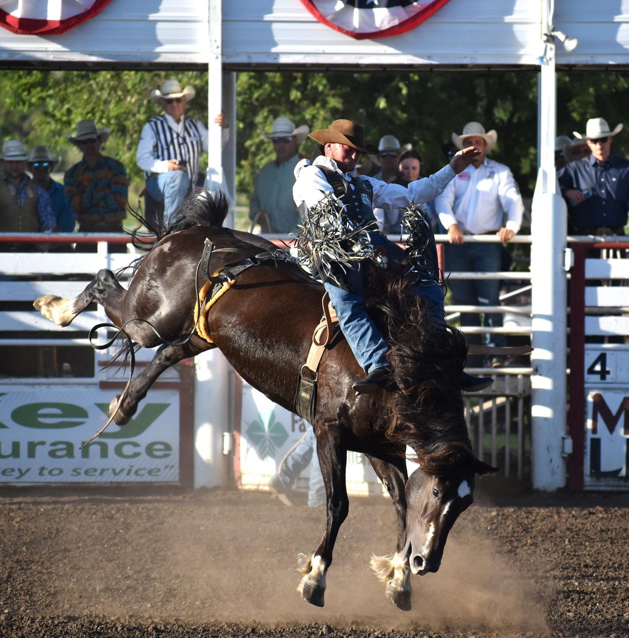 Andy Gingerich of Aberdeen rides Dirty Dance during bareback riding event at the 77th Sitting Bull Stampede over the weekend in Mobridge. Gingerich placed sixth and collected $346 in prize money.