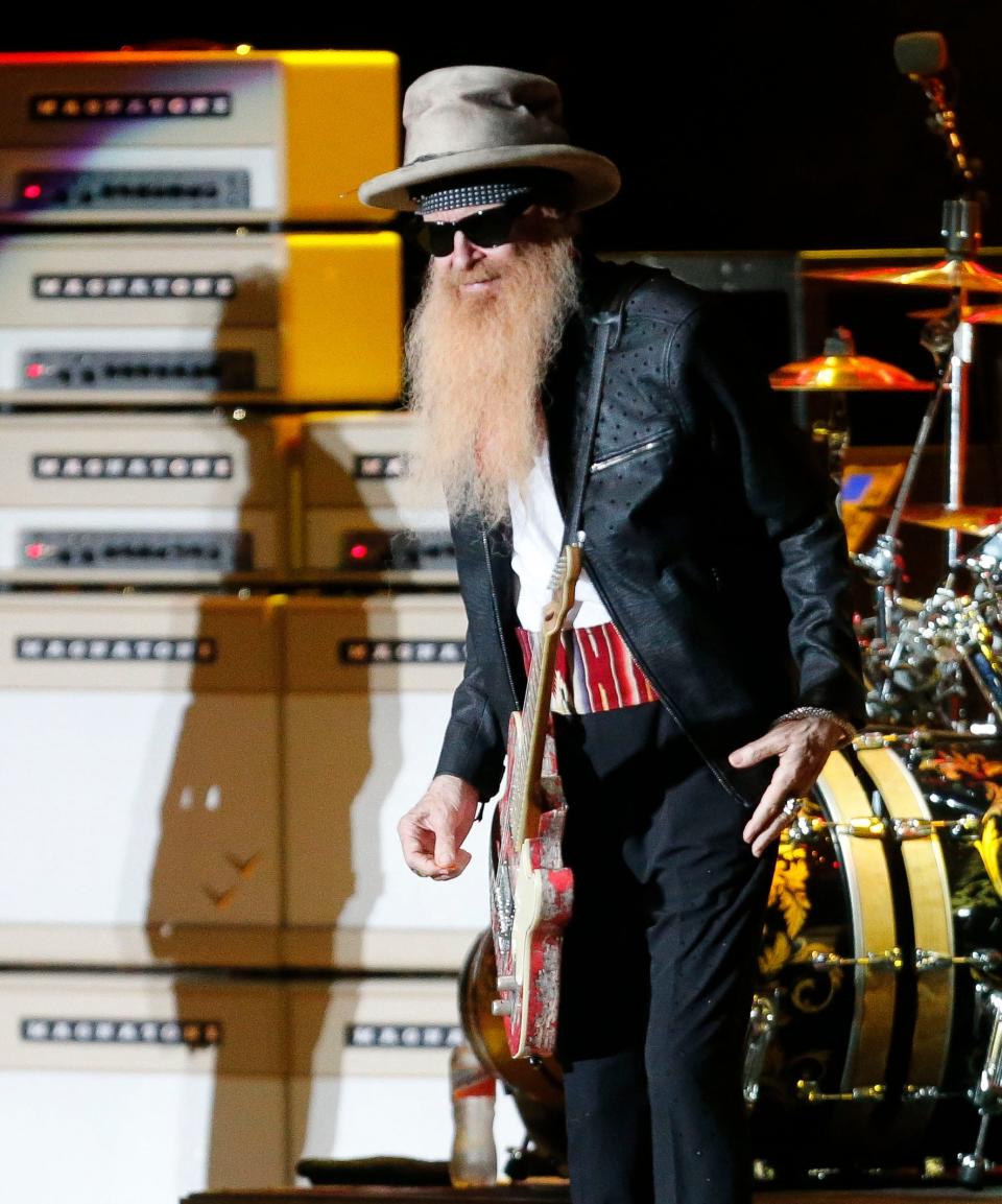 ZZ Top plays the Tuscaloosa Amphitheater Thursday, July 30, 2021, in Tuscaloosa, Ala., following the death of bass player Dusty Hill. Billy Gibbons plays guitar and does lead vocals during Friday night's concert. [Staff Photo/Gary Cosby Jr.]
