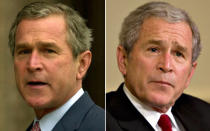 <b>George W. Bush</b> The 43rd president began his presidency with wavy hair and an unlined brow. After eight years, he left with a lined forehead and thinned, gray hair. <br> <br> (Left: Stephan Savoia/AP Photo; Right: J. Scott Applewhite/AP Photo)