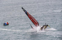 <p>In this photo provided by America’s Cup Event Authority, Emirates Team New Zealand capsizes during an America’s Cup challenger semifinal against Great Britain’s Land Rover BAR on the Great Sound in Bermuda on Tuesday, June 6, 2017. (Gilles Martin-Raget/ACEA via AP) </p>