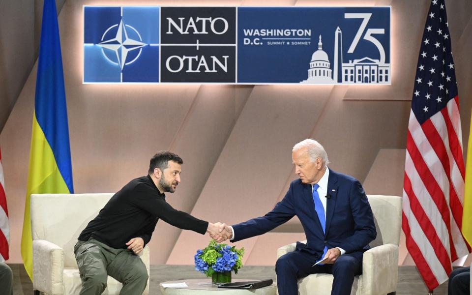 Joe Biden meets with Ukraine's President Volodymyr Zelensky on the sidelines of the Nato Summit at the Walter E. Washington Convention Center in Washington, DC