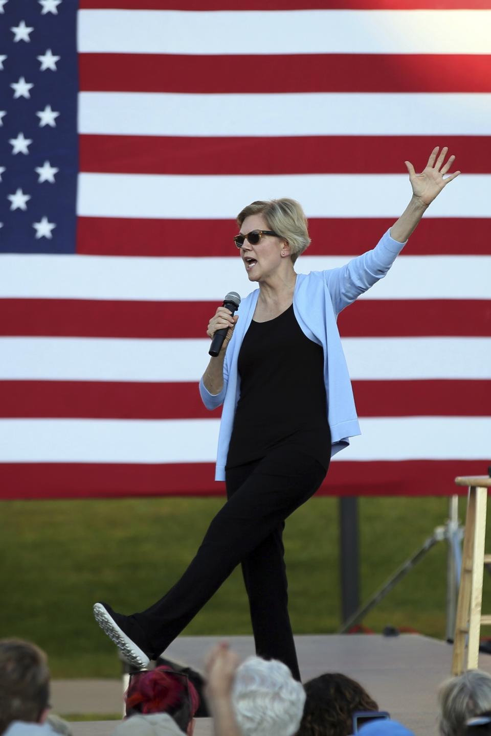 Democratic presidential candidate Elizabeth Warren, D-Mass., speaks during a rally Monday, Aug. 19, 2019, at Macalaster College during a campaign appearance in St. Paul, Minn. (AP Photo/Jim Mone)