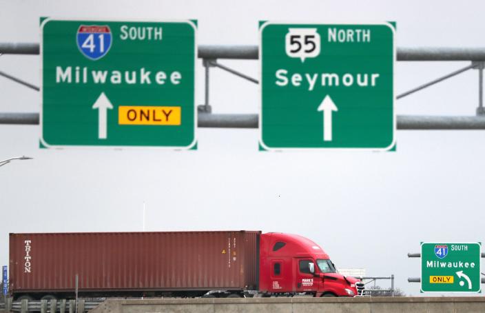 A semi-trucks moves along US 41 near near State 55 on Monday, April 27, 2020 in Kaukauna.