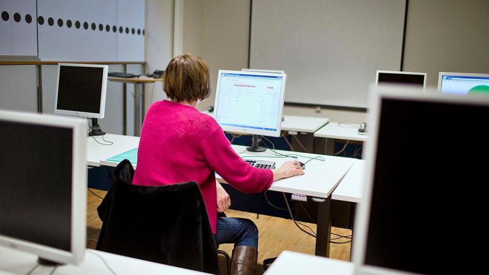 Una mujer consulta un web de empleo en el computador.