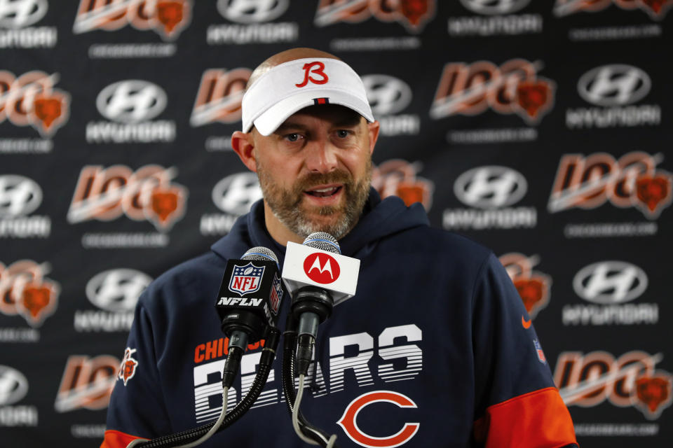 FILE - In this Nov. 24, 2019, file photo, Chicago Bears head coach Matt Nagy speaks during a news conference following an NFL football game against the New York Giants in Chicago. The NFL Draft is April 23-25, 2020. (AP Photo/Paul Sancya, File)