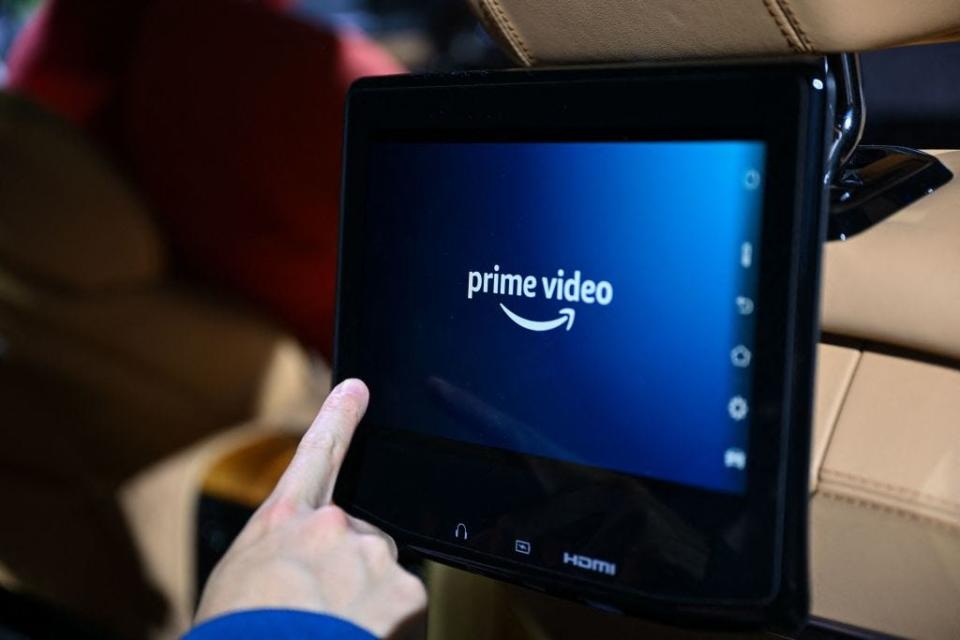 The Amazon Prime Video logo is displayed in a Jeep Grand Wagoneer SUV, with Amazon Alexa and Fire TV technology built-in, during the Consumer Electronics Show (CES) in Las Vegas, Nevada, on January 7, 2023.