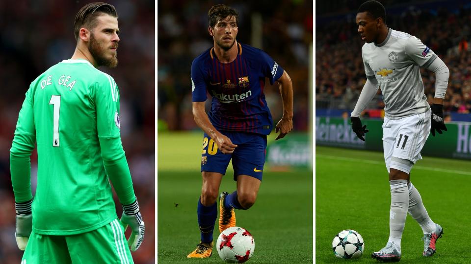 Manchester United duo David de Gea (left) and Anthony Martial (right) could be on the move while Manchester City could target Barcelona’s Sergi Roberto