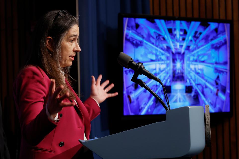 Lawrence Livermore National Laboratories Director Dr. Kim Budil speaks during a news conference with fellow administrators and scientists at the Department of Energy (Getty Images)