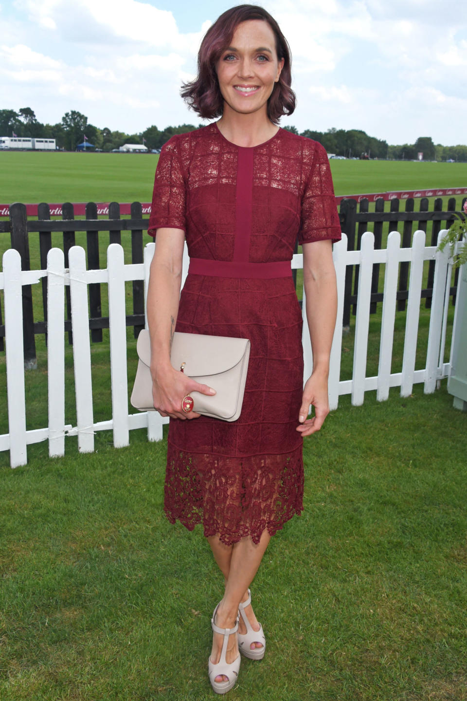 <p><strong>18 June </strong>The Olympian Victoria Pendleton wore a wine-hued, cut-out-detail dress with beige wedge heels and a co-ordinating clutch.</p>