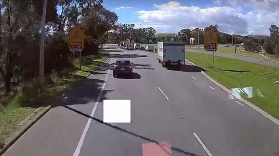 The hatchback can be seen changing lanes before slowing down in the path of the oncoming truck. Source: Facebook