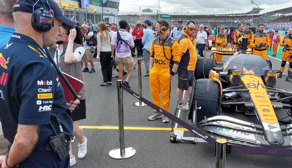 Adrian Newey looks on on the grid towards the McLaren of Oscar Piastri