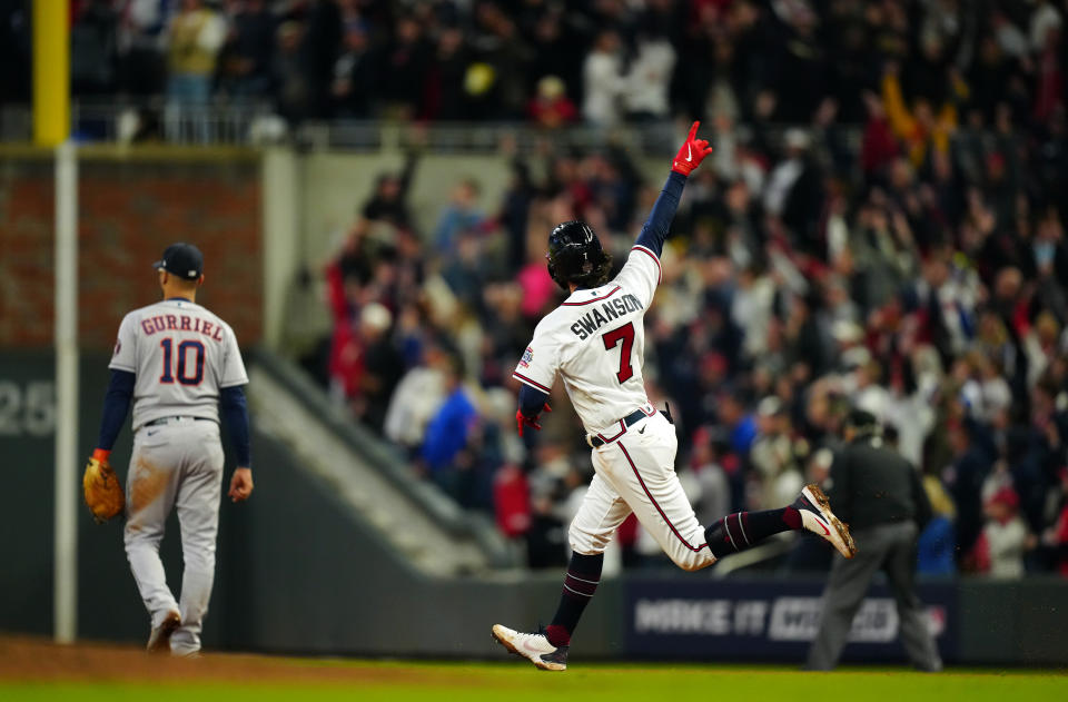 Dansby Swanson celebrates his game-tying home run. (Daniel Shirey/MLB Photos via Getty Images)