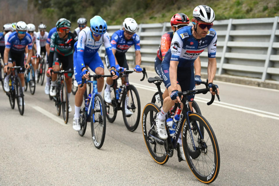 FOLIGNO ITALY  MARCH 08 Dries Devenyns of Belgium and Team Soudal QuickStep competes during the 58th TirrenoAdriatico 2023 Stage 3 a 216km stage from Follonica to Foligno 231m  UCIWT  TirrenoAdriatico  on March 08 2023 in Foligno Italy Photo by Tim de WaeleGetty Images