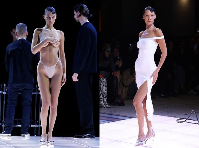 Bella Hadid Gets a Dress Sprayed on Her Nude Body for a Total Fashion Magic  Trick