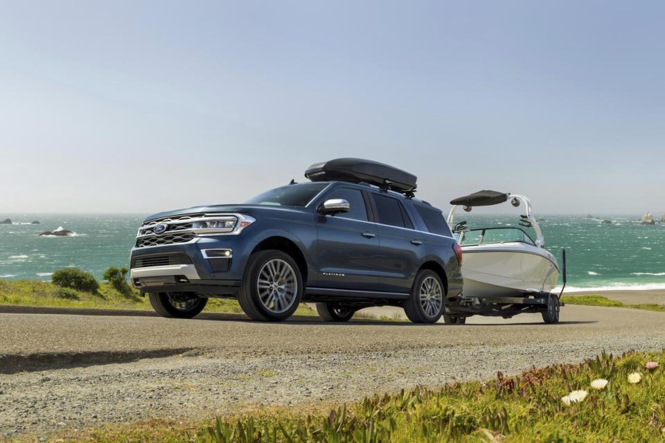 This photo provided by Ford shows the 2024 Expedition. The Expedition can tow up to 9,300 pounds when properly equipped. (Courtesy of Ford Motor Co. via AP)